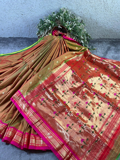 TWO TONE GREEN SILK PURE HANDLOOM PAITHANI SAREE