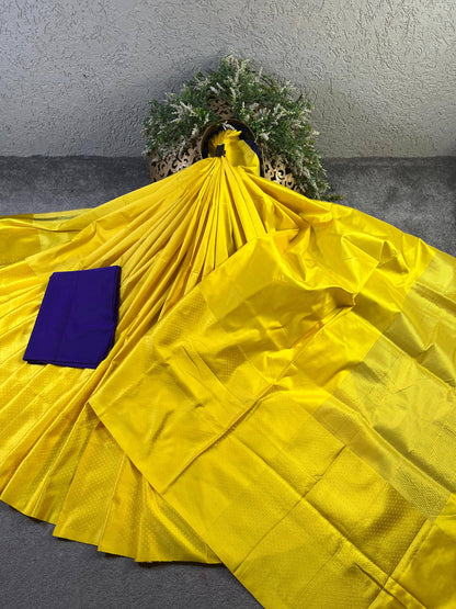 YELLOW MUSHROO SILK PURE HANDLOOM BANARASI SAREE