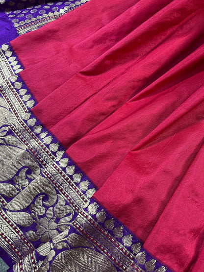 RED PINK COTTON PURE HANDLOOM BANARASI SAREE