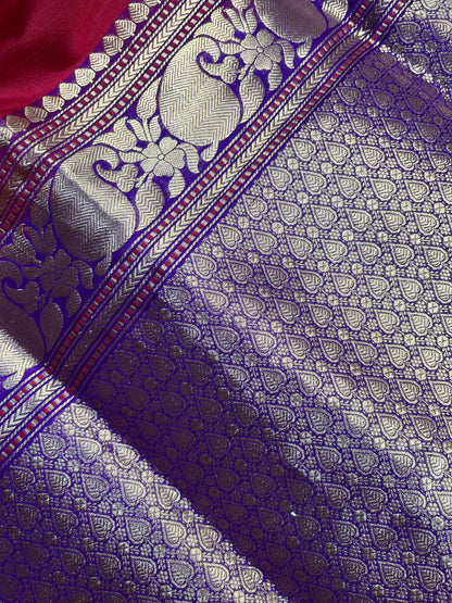 RED PINK COTTON PURE HANDLOOM BANARASI SAREE