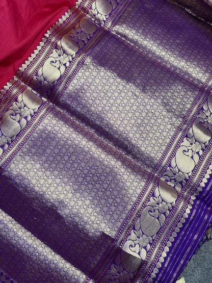 RED PINK COTTON PURE HANDLOOM BANARASI SAREE