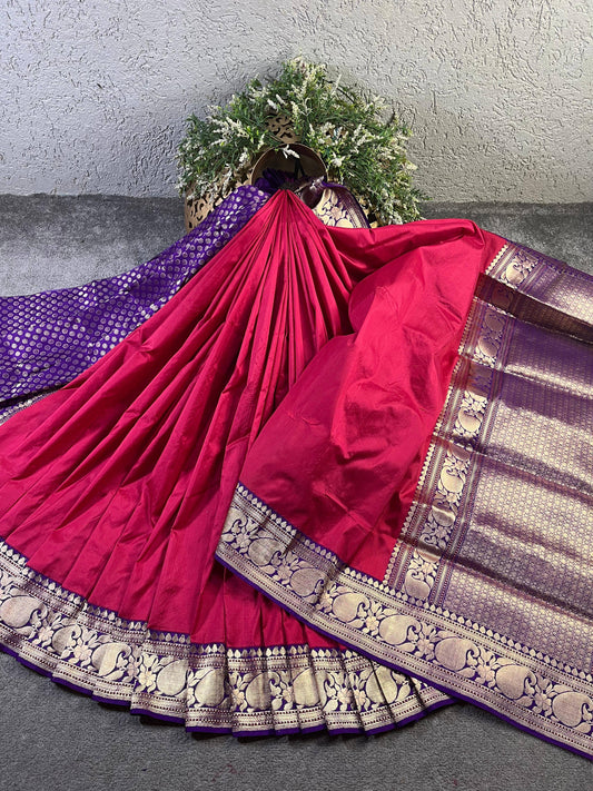 RED PINK COTTON PURE HANDLOOM BANARASI SAREE