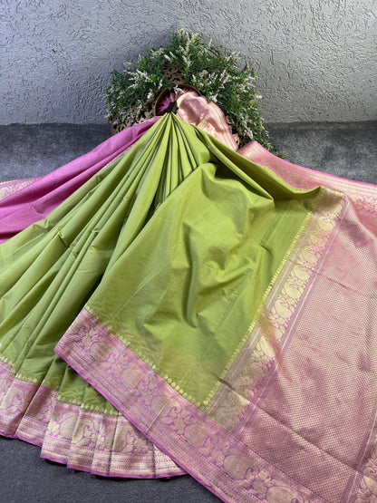 PISTA GREEN COTTON PURE HANDLOOM BANARASI SAREE