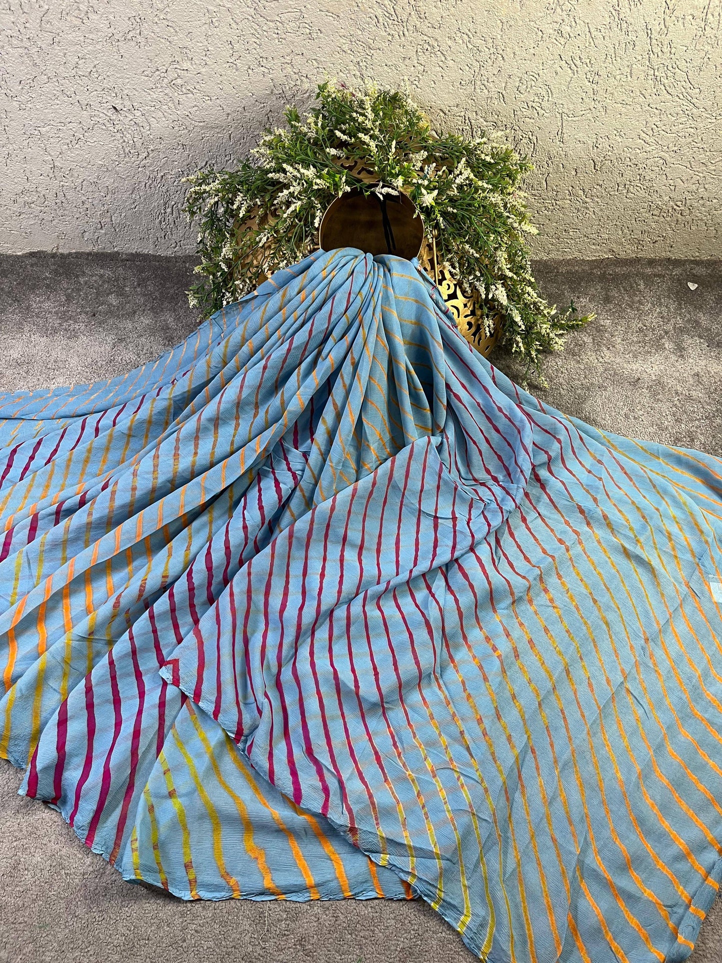 LIGHT BLUE CHIIFON PURE HANDLOOM LEHERIYA SAREE