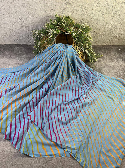 LIGHT BLUE CHIIFON PURE HANDLOOM LEHERIYA SAREE