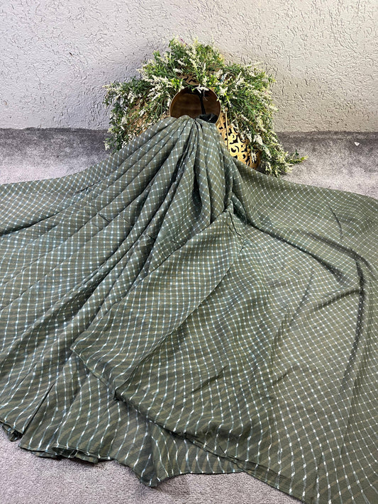 GREY CHIFFON PURE HANDLOOM LEHERIYA SAREE