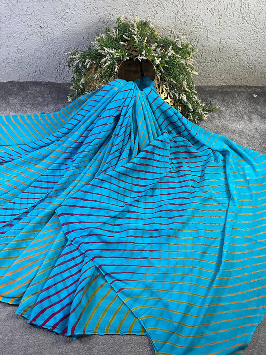 BLUE CHIFFON PURE HANDLOOM LEHERIYA SAREE