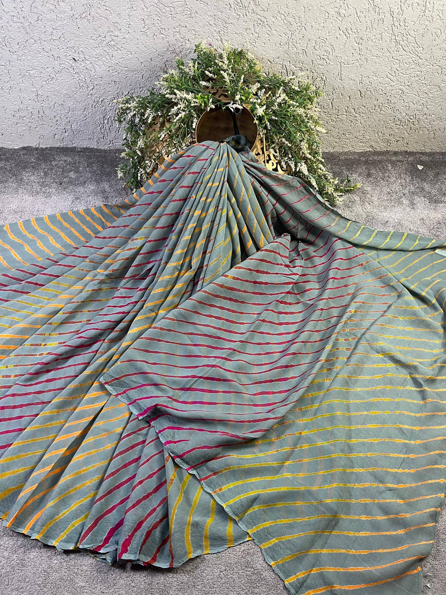 GREY AND OLIVE GREEN CHIFFON PURE HANDLOOM LEHERIYA SAREE