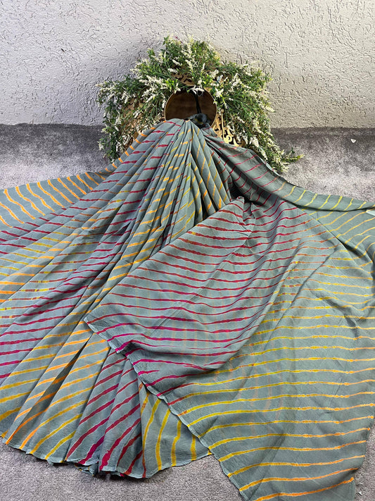GREY AND OLIVE GREEN CHIFFON PURE HANDLOOM LEHERIYA SAREE