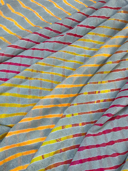 GREY AND OLIVE GREEN CHIFFON PURE HANDLOOM LEHERIYA SAREE