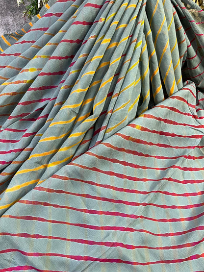 GREY AND OLIVE GREEN CHIFFON PURE HANDLOOM LEHERIYA SAREE