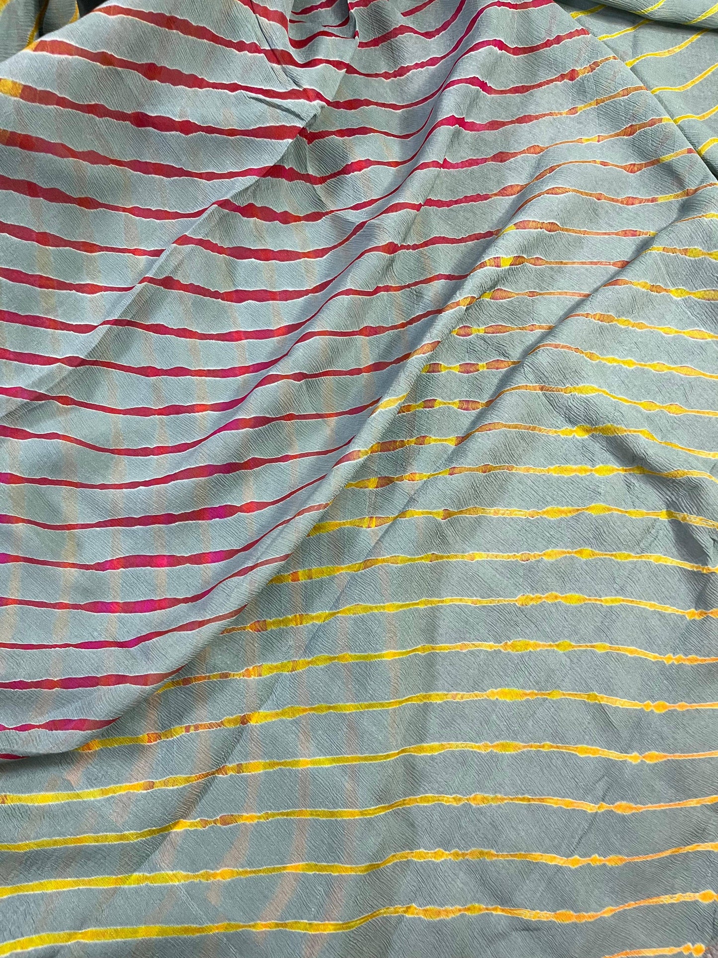 GREY AND OLIVE GREEN CHIFFON PURE HANDLOOM LEHERIYA SAREE