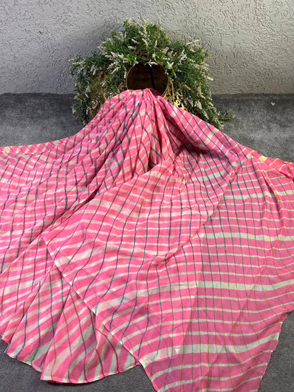 PINK CHIFFON PURE HANDLOOM LEHERIYA SAREE