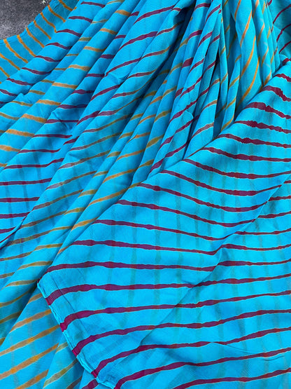 BLUE CHIFFON PURE HANDLOOM LEHERIYA SAREE