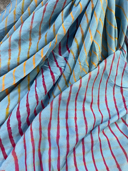 LIGHT BLUE CHIIFON PURE HANDLOOM LEHERIYA SAREE
