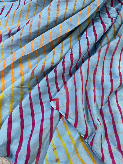 LIGHT BLUE CHIIFON PURE HANDLOOM LEHERIYA SAREE