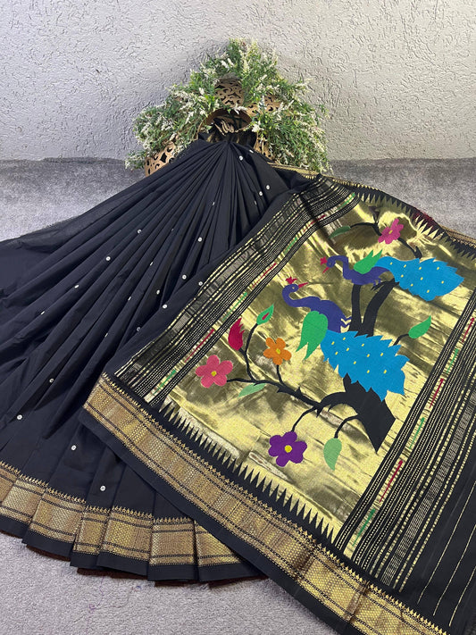 BLACK COTTON PURE HANDLOOM PAITHANI SAREE