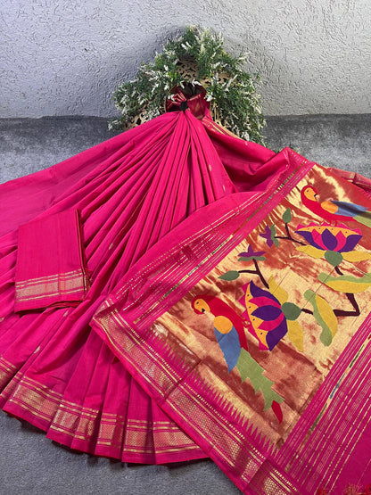 PINK COTTON PURE HANDLOOM PAITHANI SAREE