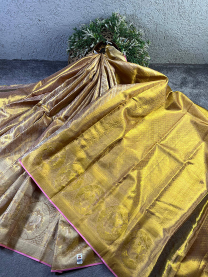 BEIGE GOLD TISSUE SILK PURE HANDLOOM KANJIVARAM SAREE