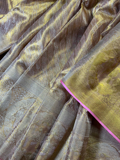 BEIGE GOLD TISSUE SILK PURE HANDLOOM KANJIVARAM SAREE