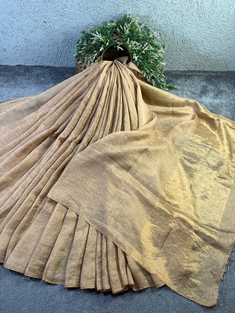 LIGHT GOLD PURE HANDLOOM TISSUE LINEN SAREE