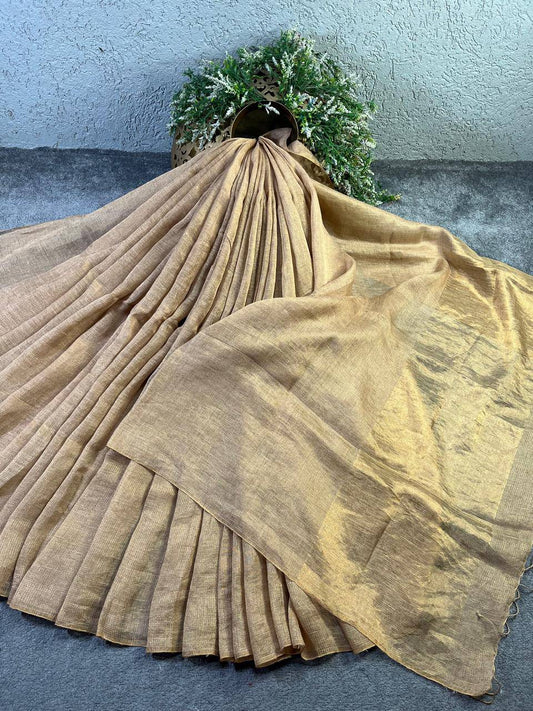 LIGHT GOLD PURE HANDLOOM TISSUE LINEN SAREE