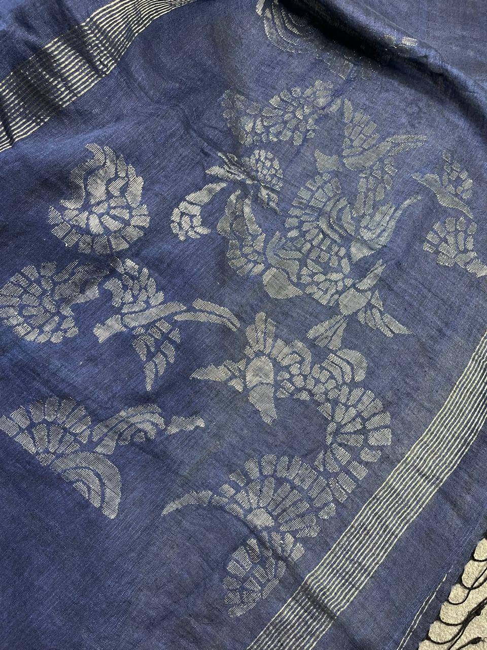 NAVY BLUE PURE HANDLOOM LINEN SAREE