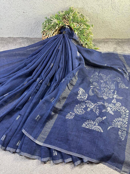 NAVY BLUE PURE HANDLOOM LINEN SAREE