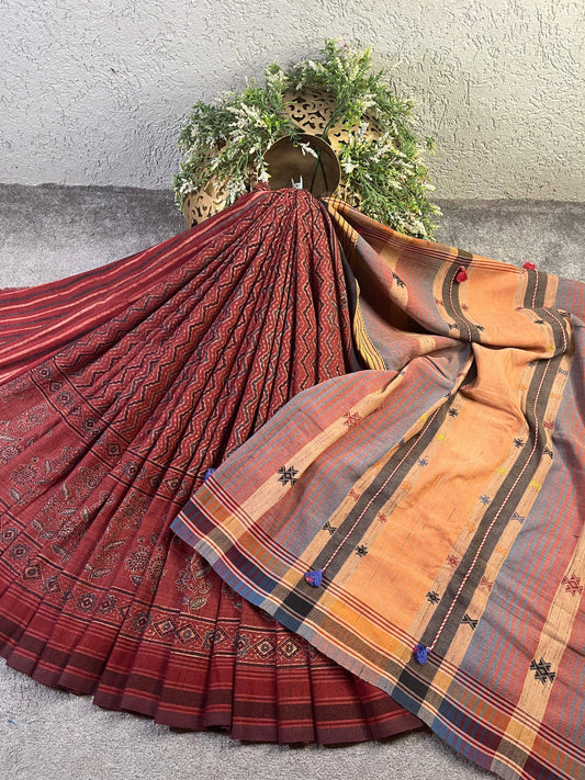 RUST TASSAR SILK PURE HANDLOOM BHUJODI SAREE