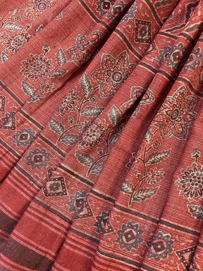 RUST TASSAR SILK PURE HANDLOOM BHUJODI SAREE