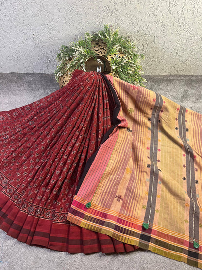 RUST TASSAR SILK PURE HANDLOOM BHUJODI SAREE