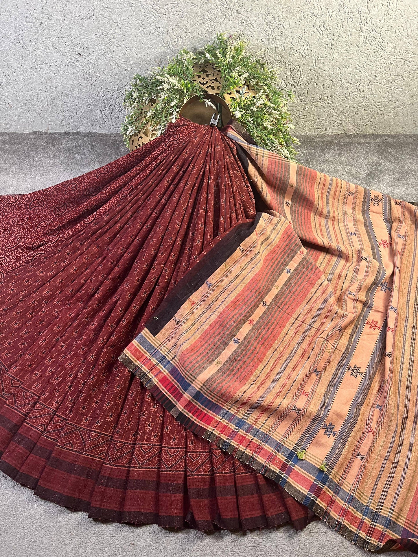 DARK RUST TASSAR SILK PURE HANDLOOM BHUJODI SAREE