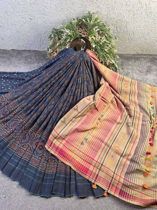 BLUE TASSAR SILK PURE HANDLOOM BHUJODI SAREE