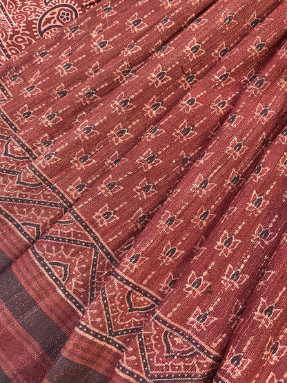 DARK RUST TASSAR SILK PURE HANDLOOM BHUJODI SAREE