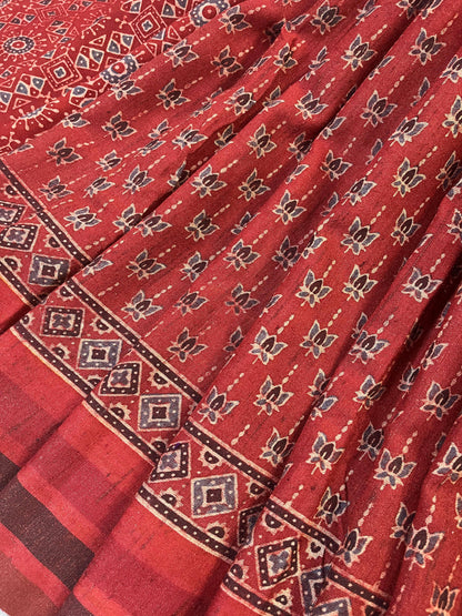 RUST TASSAR SILK PURE HANDLOOM BHUJODI SAREE