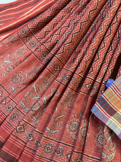 RUST TASSAR SILK PURE HANDLOOM BHUJODI SAREE