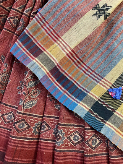 RUST TASSAR SILK PURE HANDLOOM BHUJODI SAREE