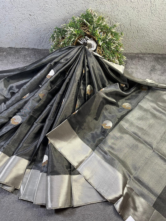 GREY TISSUE SILK PURE HANDLOOM CHANDERI SAREE