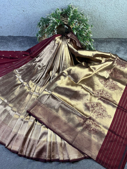 MARRON ROSE GOLD KATAN TISSUE PURE HANDLOOM BANARASI SAREE