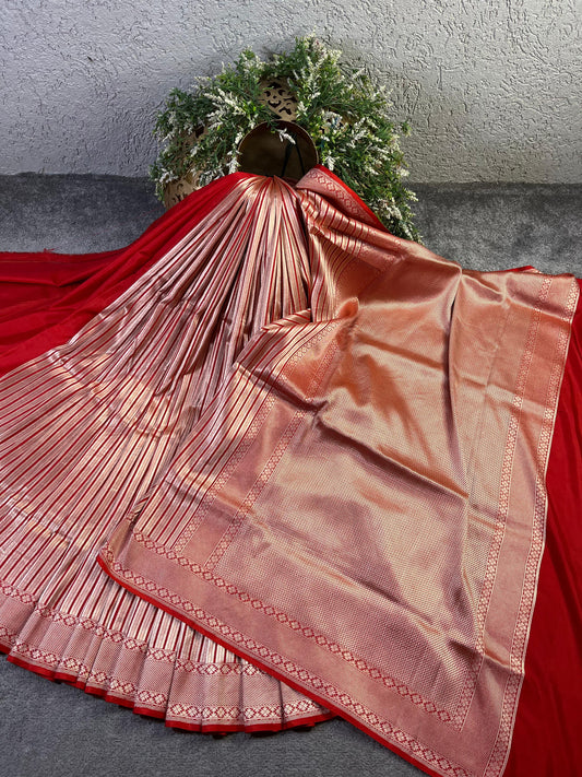 REDDISH ORANGE KATAN TISSUE PURE HANDLOOM BANARASI SAREE