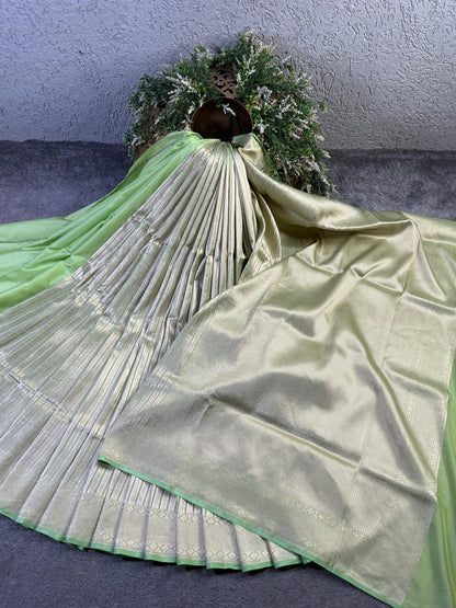 LIGHT PISTA GREEN KATAN TISSUE PURE HANDLOOM BANARASI SAREE
