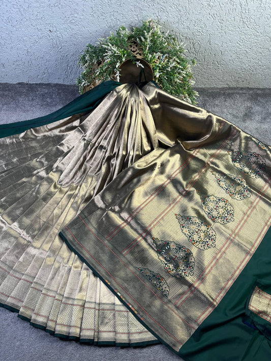 GREEN SILVER KATAN TISSUE PURE HANDLOOM BANARASI SAREE
