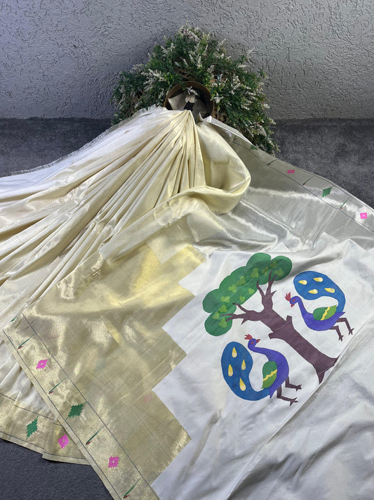IVORY TISSUE SILK PURE HANDLOOM PAITHANI SAREE