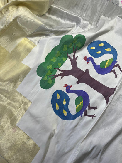 IVORY TISSUE SILK PURE HANDLOOM PAITHANI SAREE