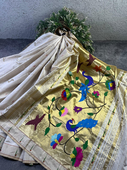 IVORY TISSUE PURE HANDLOOM PAITHANI SAREE