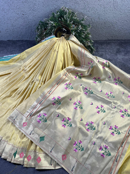 LIGHT YELLOW TISSUE PURE HANDLOOM PAITHANI SAREE