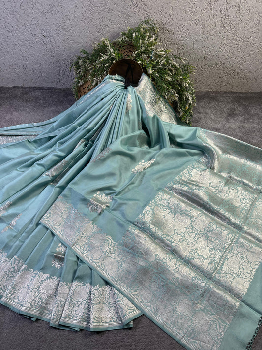 ICE BLUE DOUBLE SILK PURE HANDLOOM BANARASI SAREE