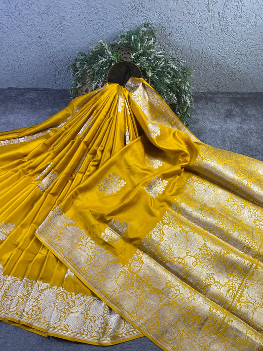 YELLOW DOUBLE SILK PURE HANDLOOM BANARASI SAREE