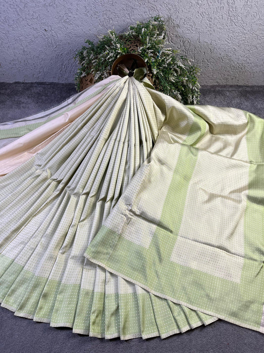 CREAM PISTA GREEN SILK PURE HANDLOOM DO RUKHI BANARASI SAREE