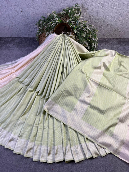 CREAM PISTA GREEN SILK PURE HANDLOOM DO RUKHI BANARASI SAREE